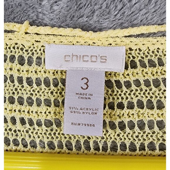 Chicos Shirt Womens Size 3 Yellow Open Knit V Neck Tassels 3/4 Sleeve Loose Top - Picture 3 of 10